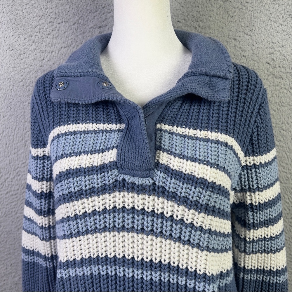 LL Bean Sweater Womens Medium Blue Striped 1/4 Snap Mock Neck Chunky Knit Cotton - Picture 2 of 8